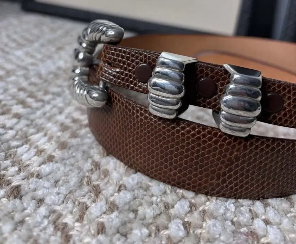 James Reid Brown Genuine Lizard Belt 925 Sterling Silver Buckle/Loops Size 26